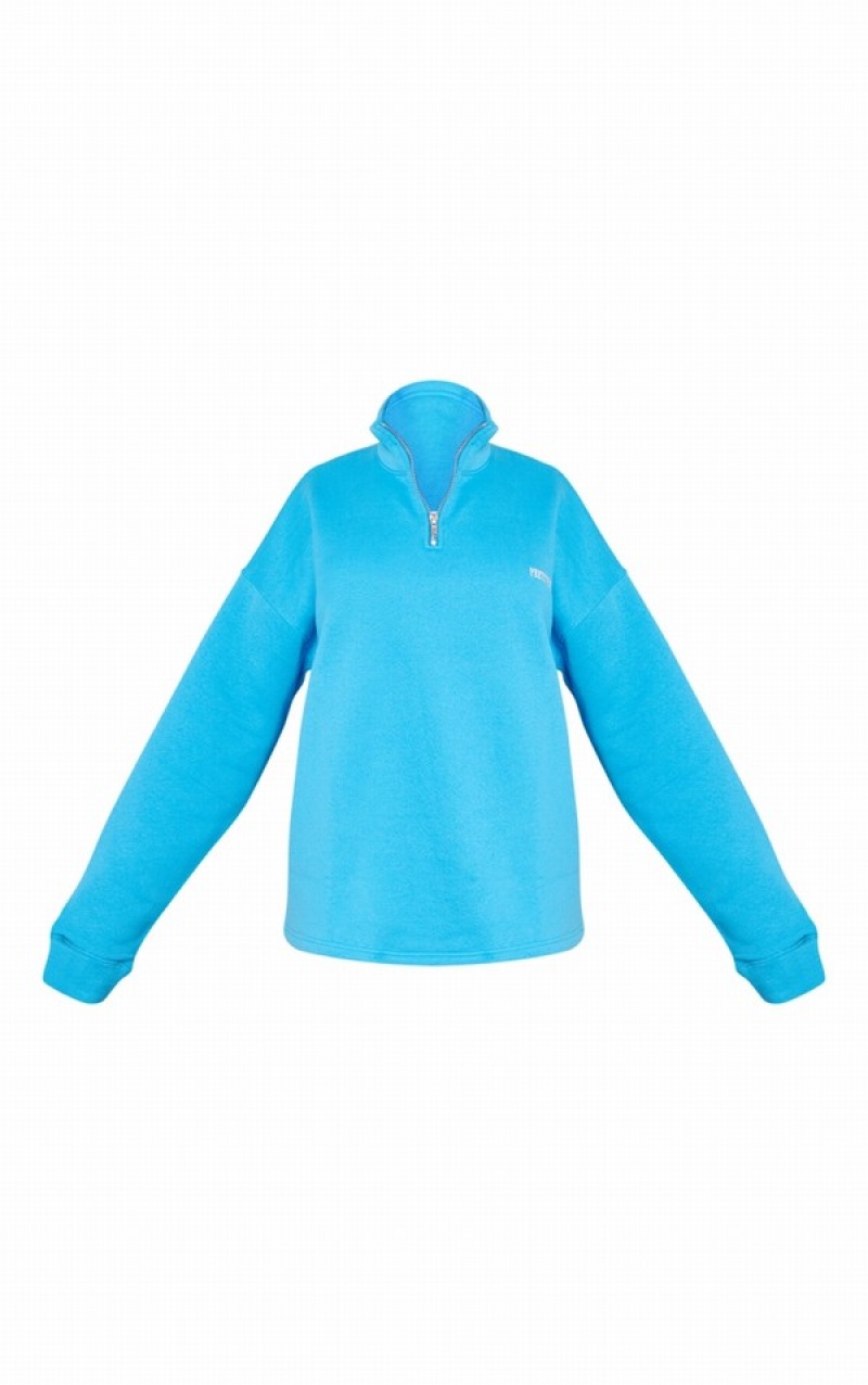 Hanorace Pretty Little Thing Bright Oversize Half Zip High Neck Albastri Deschis | ZUAM78916
