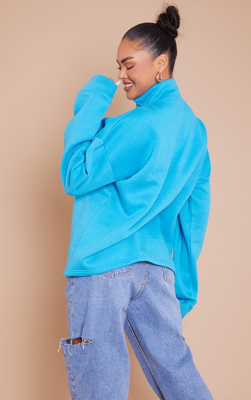 Hanorace Pretty Little Thing Bright Oversize Half Zip High Neck Albastri Deschis | ZUAM78916