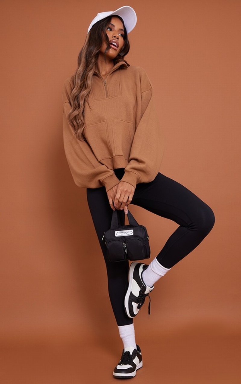 Hanorace Pretty Little Thing Double Pocket Half Zip Seam Detail Ciocolata | CNKG07189