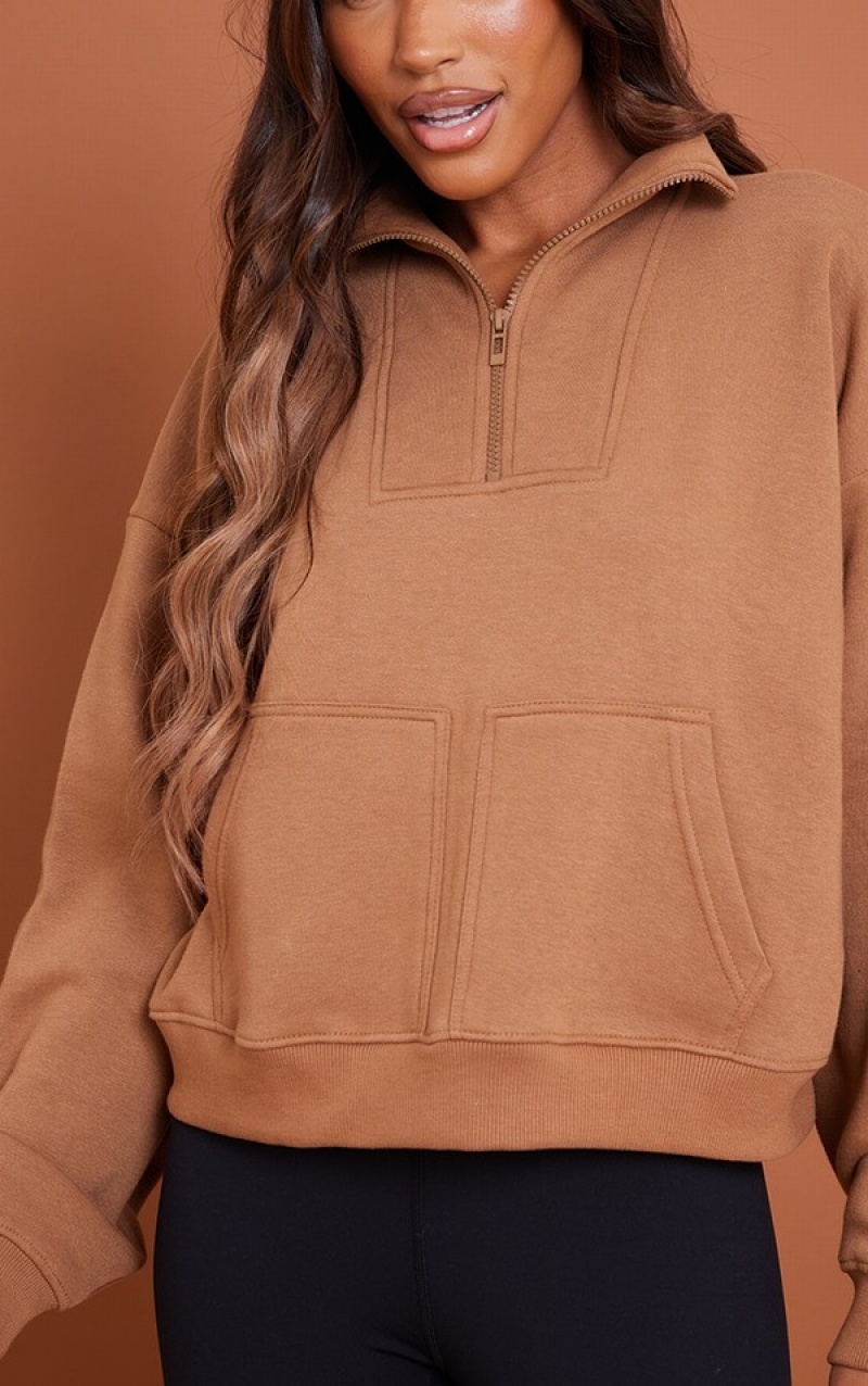 Hanorace Pretty Little Thing Double Pocket Half Zip Seam Detail Ciocolata | CNKG07189