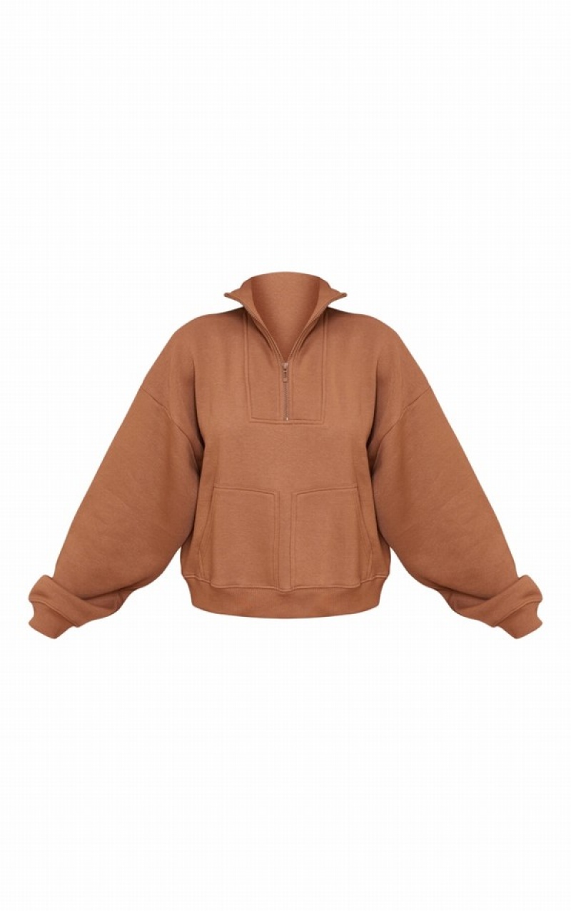 Hanorace Pretty Little Thing Double Pocket Half Zip Seam Detail Ciocolata | CNKG07189