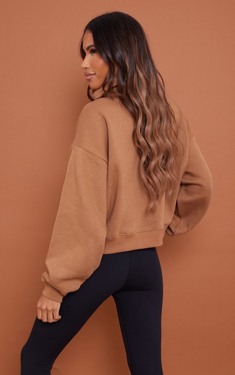 Hanorace Pretty Little Thing Double Pocket Half Zip Seam Detail Ciocolata | CNKG07189