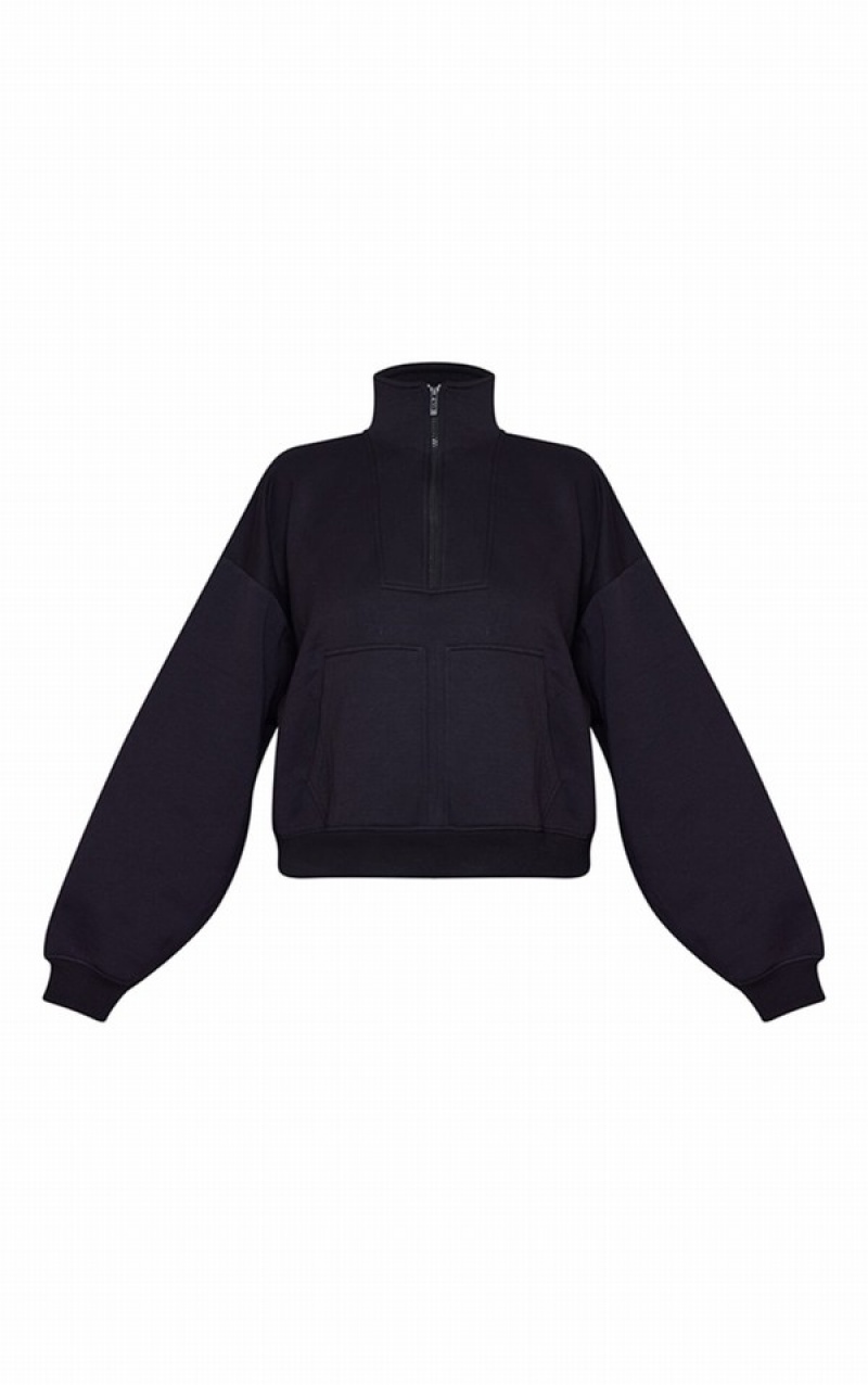 Hanorace Pretty Little Thing Half Zip Double Pocket Seam Detailer Negrii | MVEK15298