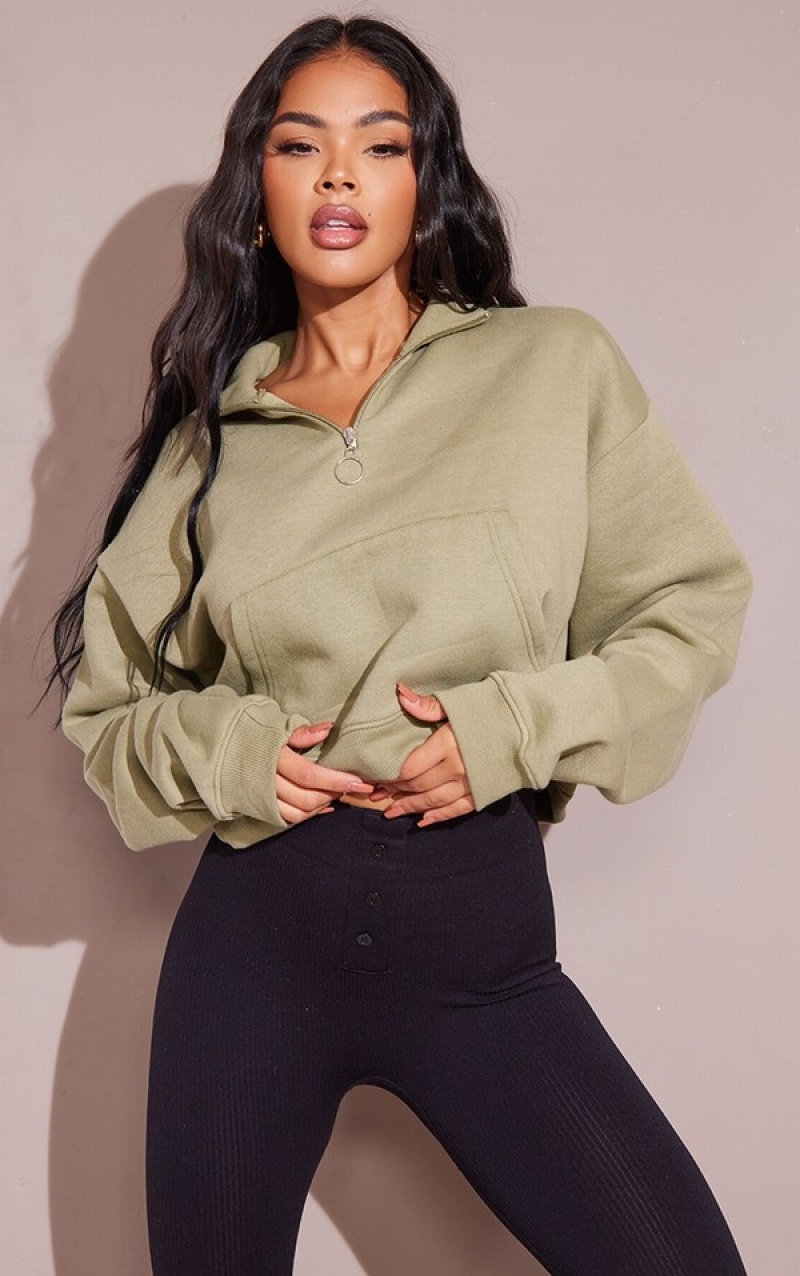 Hanorace Pretty Little Thing Half Zip High Neck Cropped Kaki | XSUQ42857