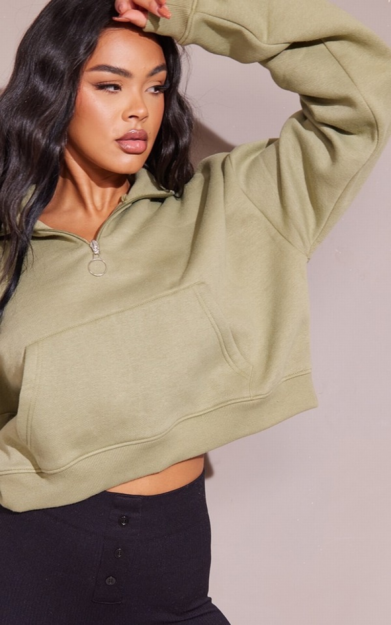 Hanorace Pretty Little Thing Half Zip High Neck Cropped Kaki | XSUQ42857