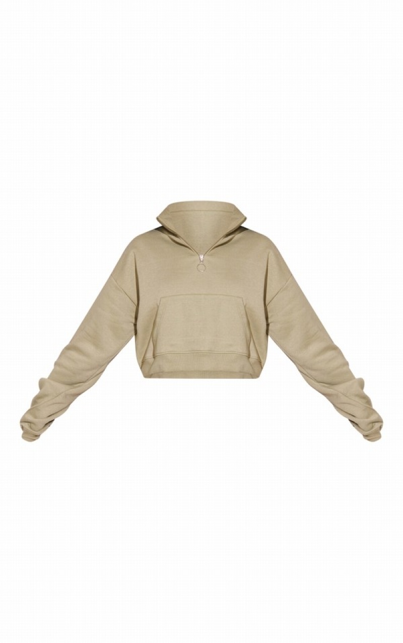 Hanorace Pretty Little Thing Half Zip High Neck Cropped Kaki | XSUQ42857