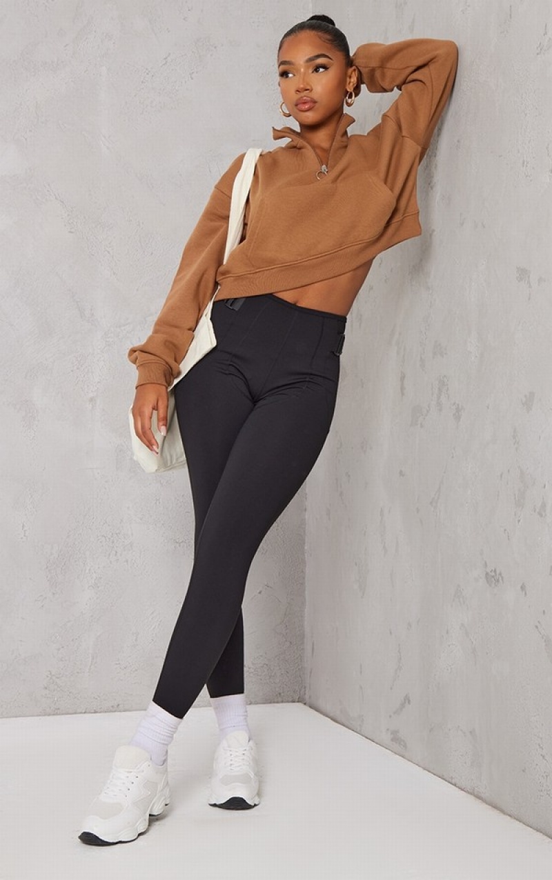 Hanorace Pretty Little Thing High Neck Half Zip Crop Ciocolata | JBXW59821
