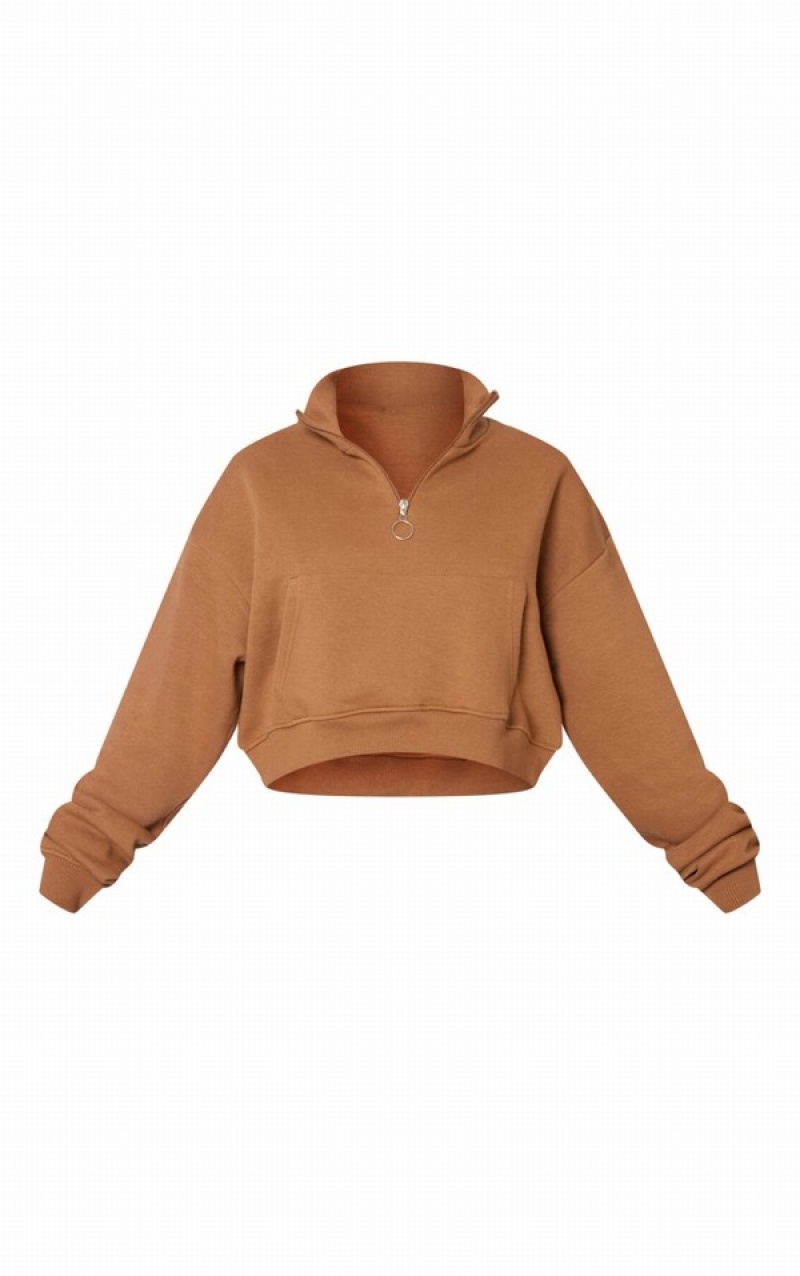 Hanorace Pretty Little Thing High Neck Half Zip Crop Ciocolata | JBXW59821