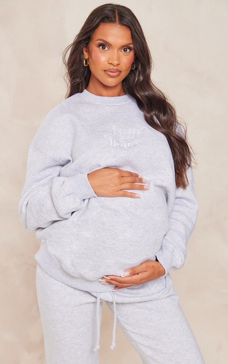 Hanorace Pretty Little Thing Maternity Ash EmbroideOversized Gri | QEZS29603