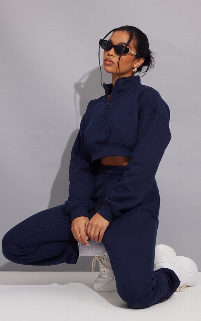 Hanorace Pretty Little Thing Midnight Half Zip Cropped Albastri | AMTV36940