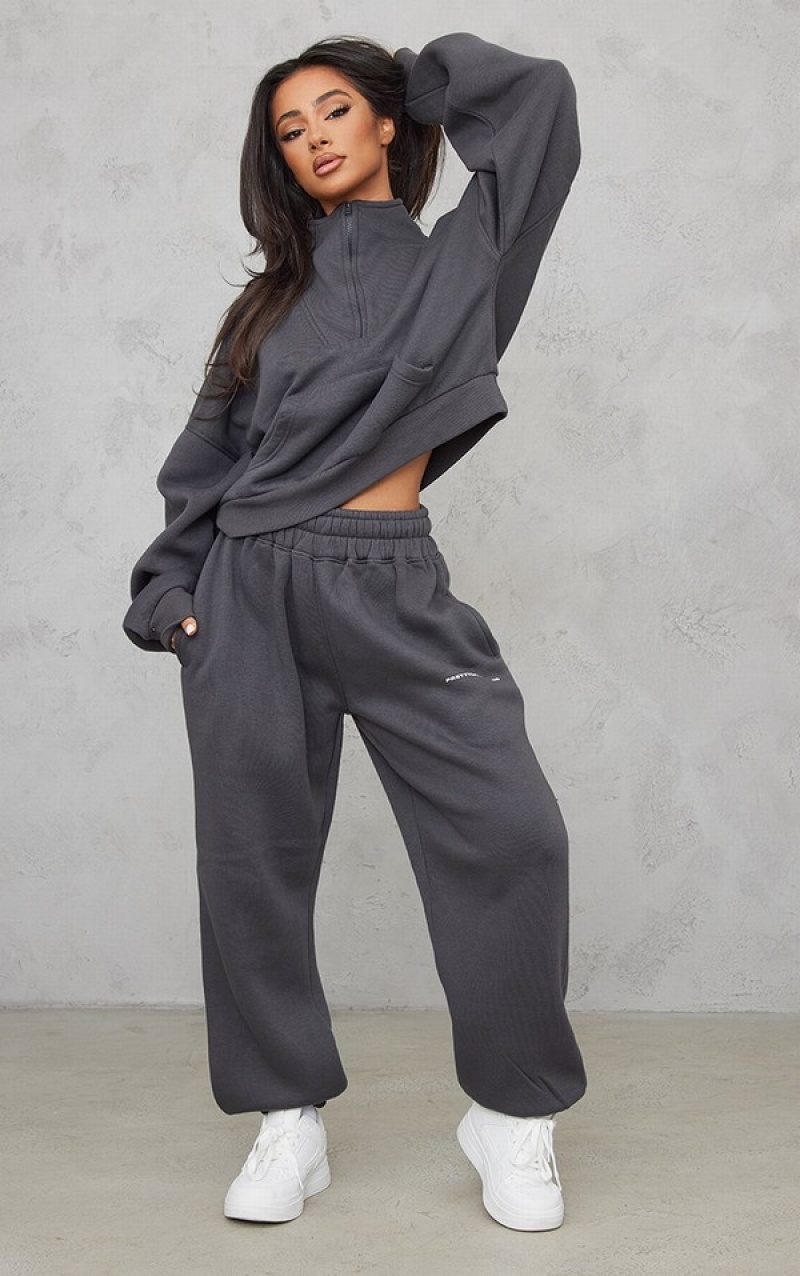 Hanorace Pretty Little Thing Petite Charcoal Half Zip Oversized Gri | WGVF49237
