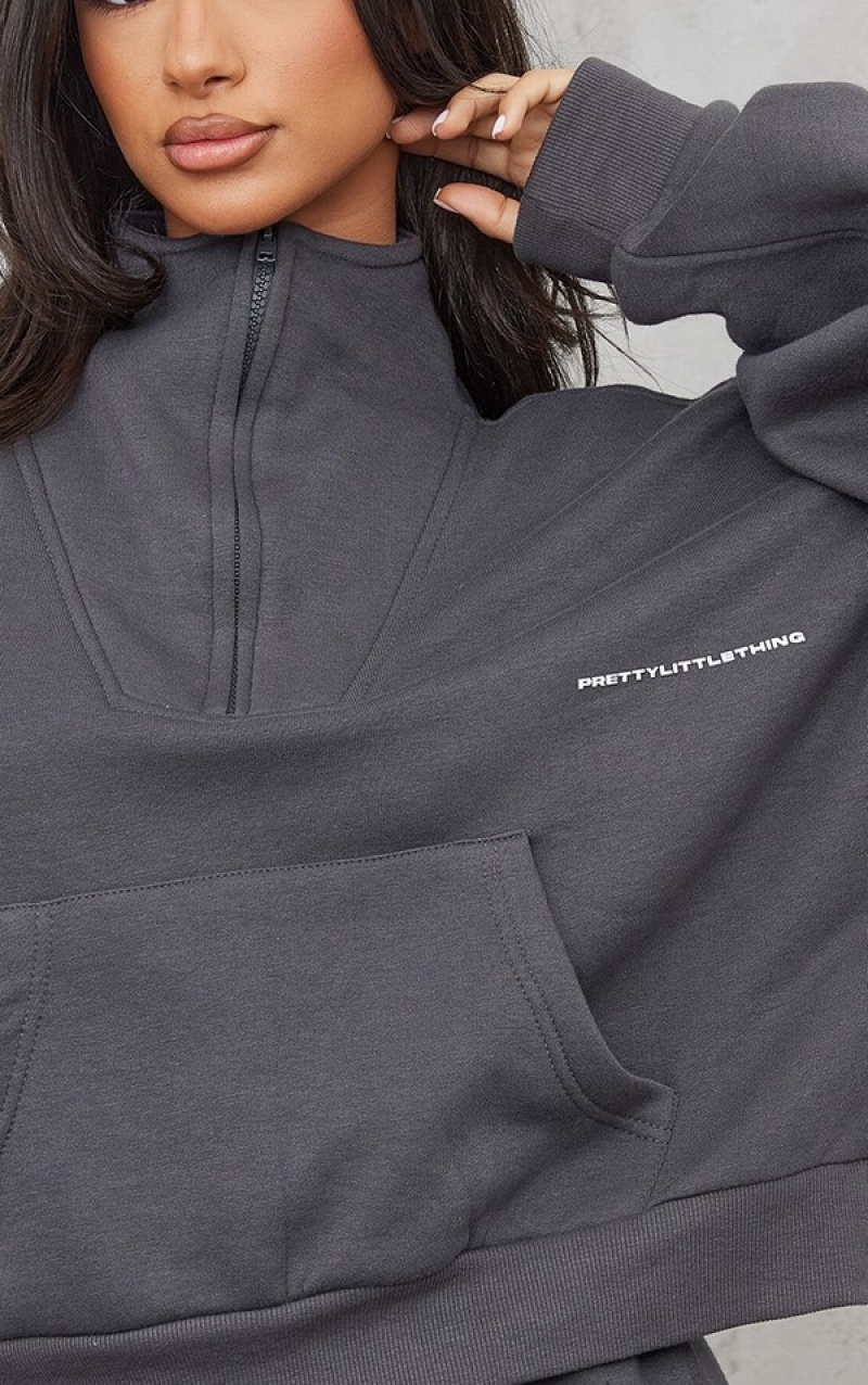 Hanorace Pretty Little Thing Petite Charcoal Half Zip Oversized Gri | WGVF49237