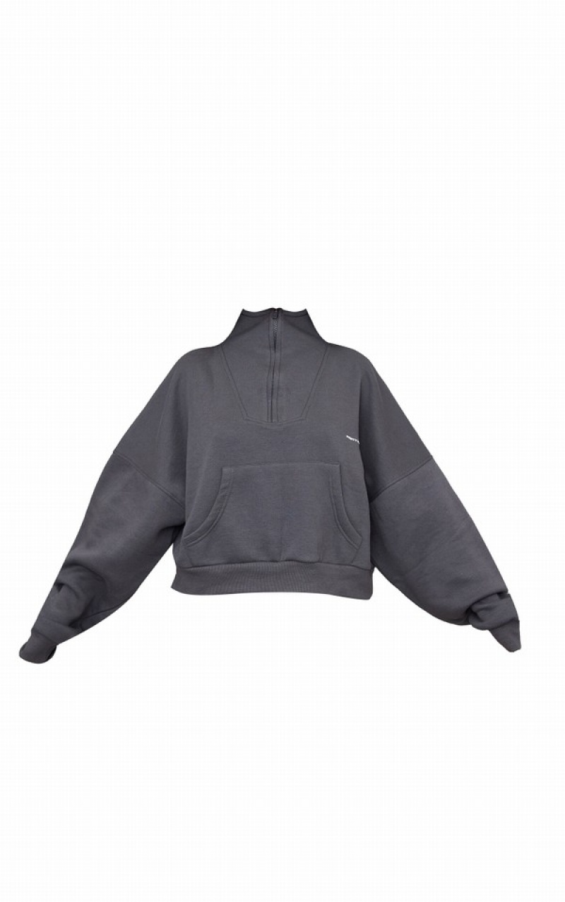 Hanorace Pretty Little Thing Petite Charcoal Half Zip Oversized Gri | WGVF49237