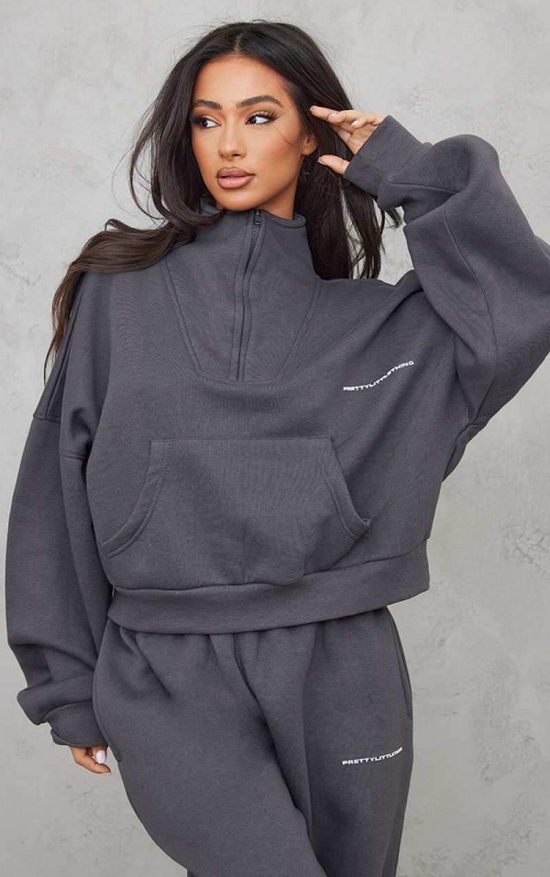 Hanorace Pretty Little Thing Petite Charcoal Half Zip Oversized Gri | WGVF49237