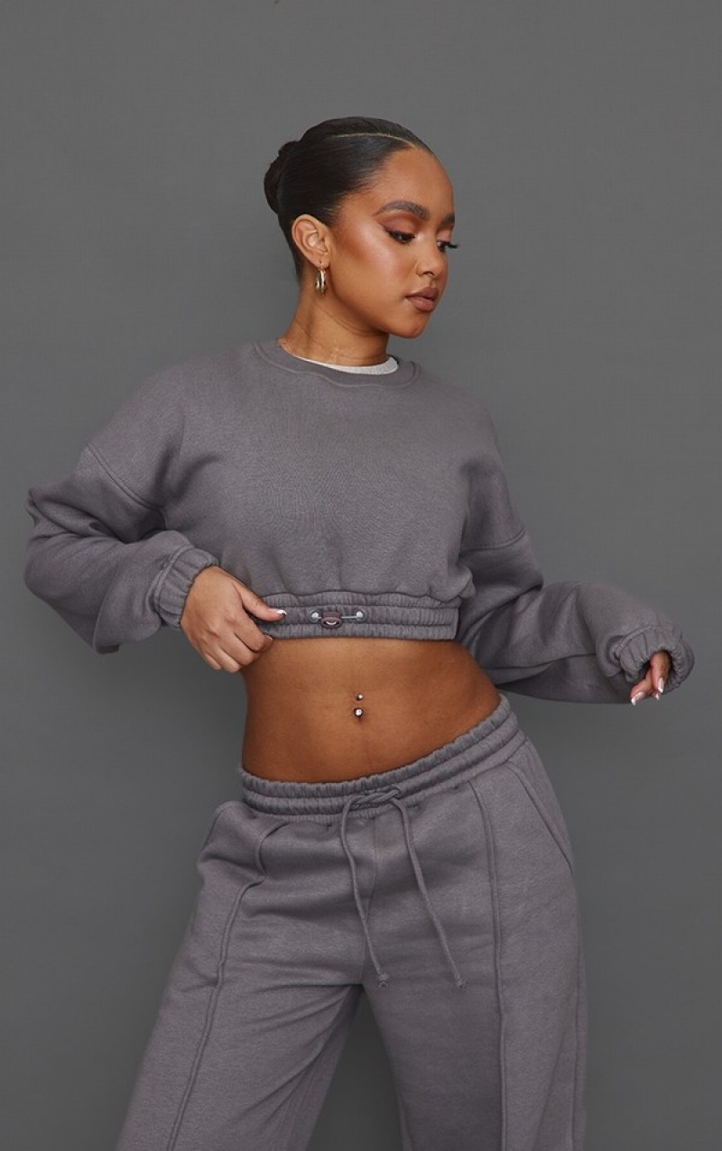 Hanorace Pretty Little Thing Petite Steel Cropped Elasticated Gri Albastri | GVJY50724