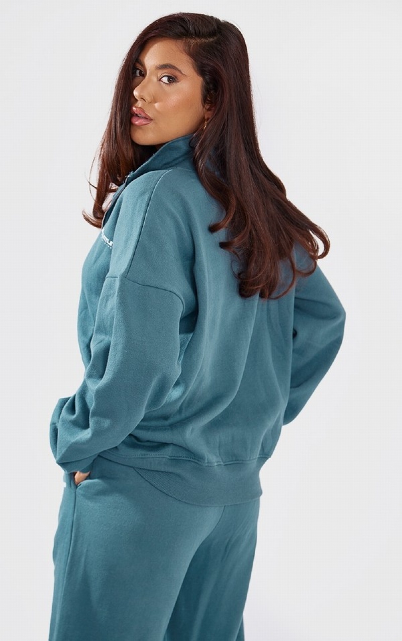 Hanorace Pretty Little Thing Petrol Printed Zip Up Albastri | ZTNW49782
