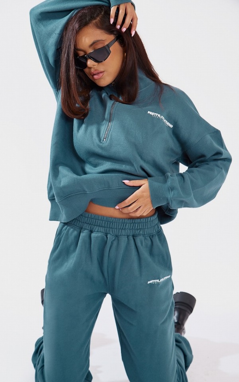Hanorace Pretty Little Thing Petrol Printed Zip Up Albastri | ZTNW49782