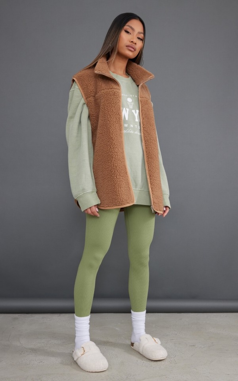 Hanorace Pretty Little Thing Sage New York Downtown Grafice Printed Masline Verzi | MGJS30758