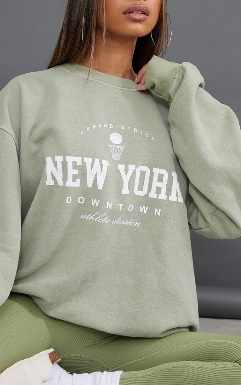 Hanorace Pretty Little Thing Sage New York Downtown Grafice Printed Masline Verzi | MGJS30758