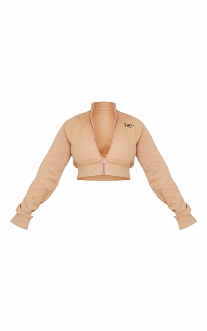Hanorace Pretty Little Thing Shape Camel EmbroideCropped Zip Maro | ZGFV85407