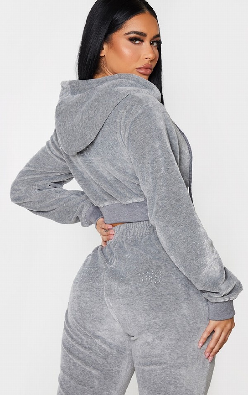 Hanorace Pretty Little Thing Shape Velour Extreme Crop Gri | KEZQ13065