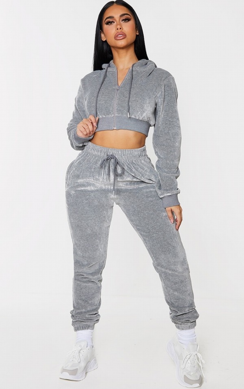 Hanorace Pretty Little Thing Shape Velour Extreme Crop Gri | KEZQ13065