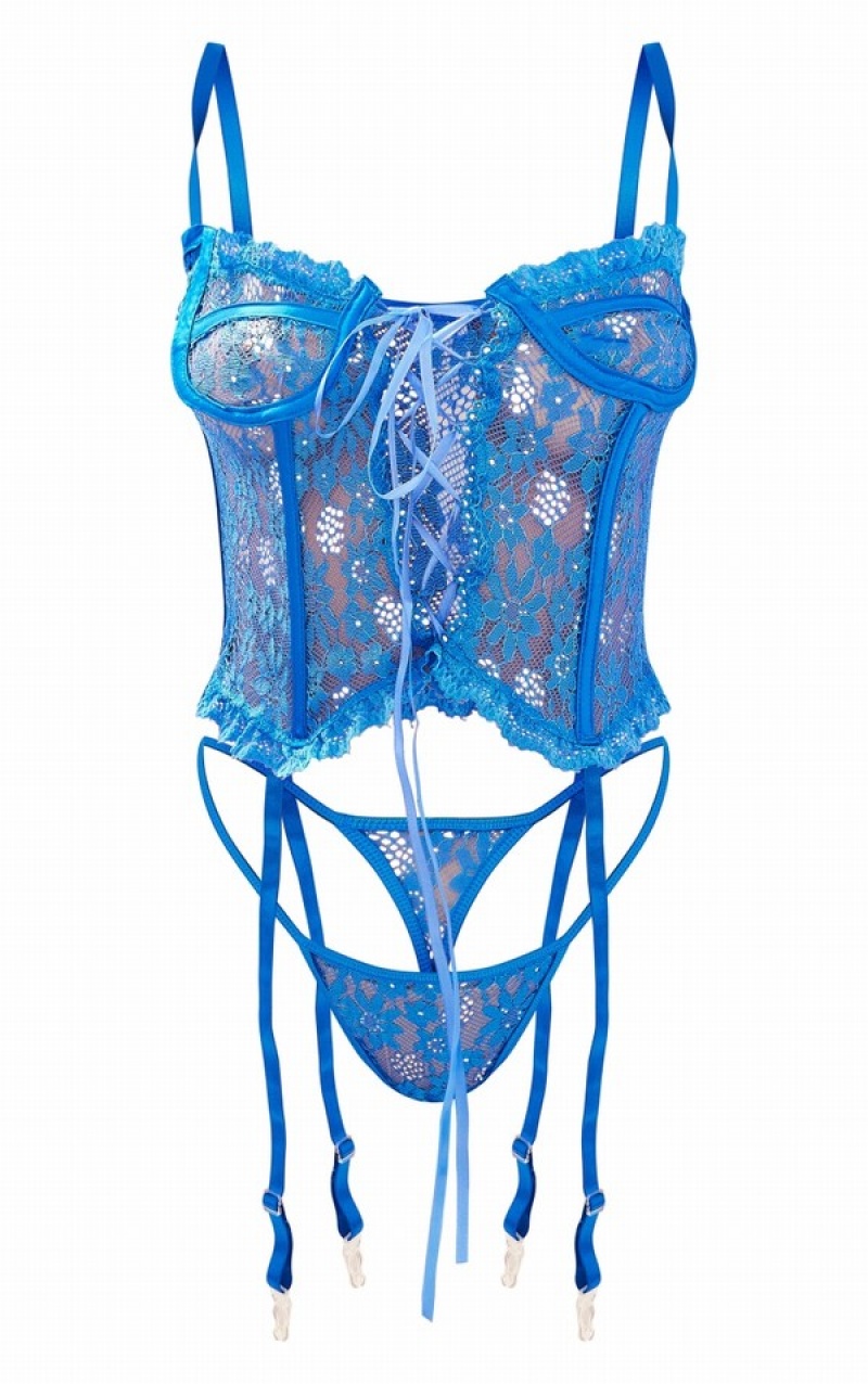 Lenjerie Pretty Little Thing Cobalt Floral Dantela Up Corset Albastri Inchis | QBNP31754