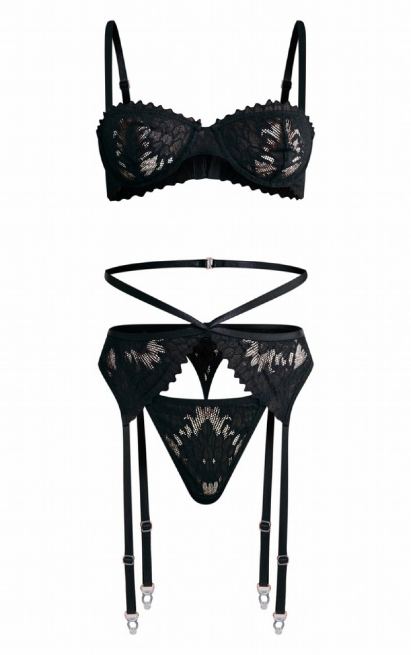 Lenjerie Pretty Little Thing Dantela Scalloped Edge Underwi3 Piece Negrii | DTNO78391