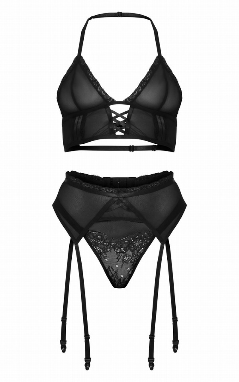 Lenjerie Pretty Little Thing EmbroideTrim Dantela 3 Piece Negrii | KLSM92683