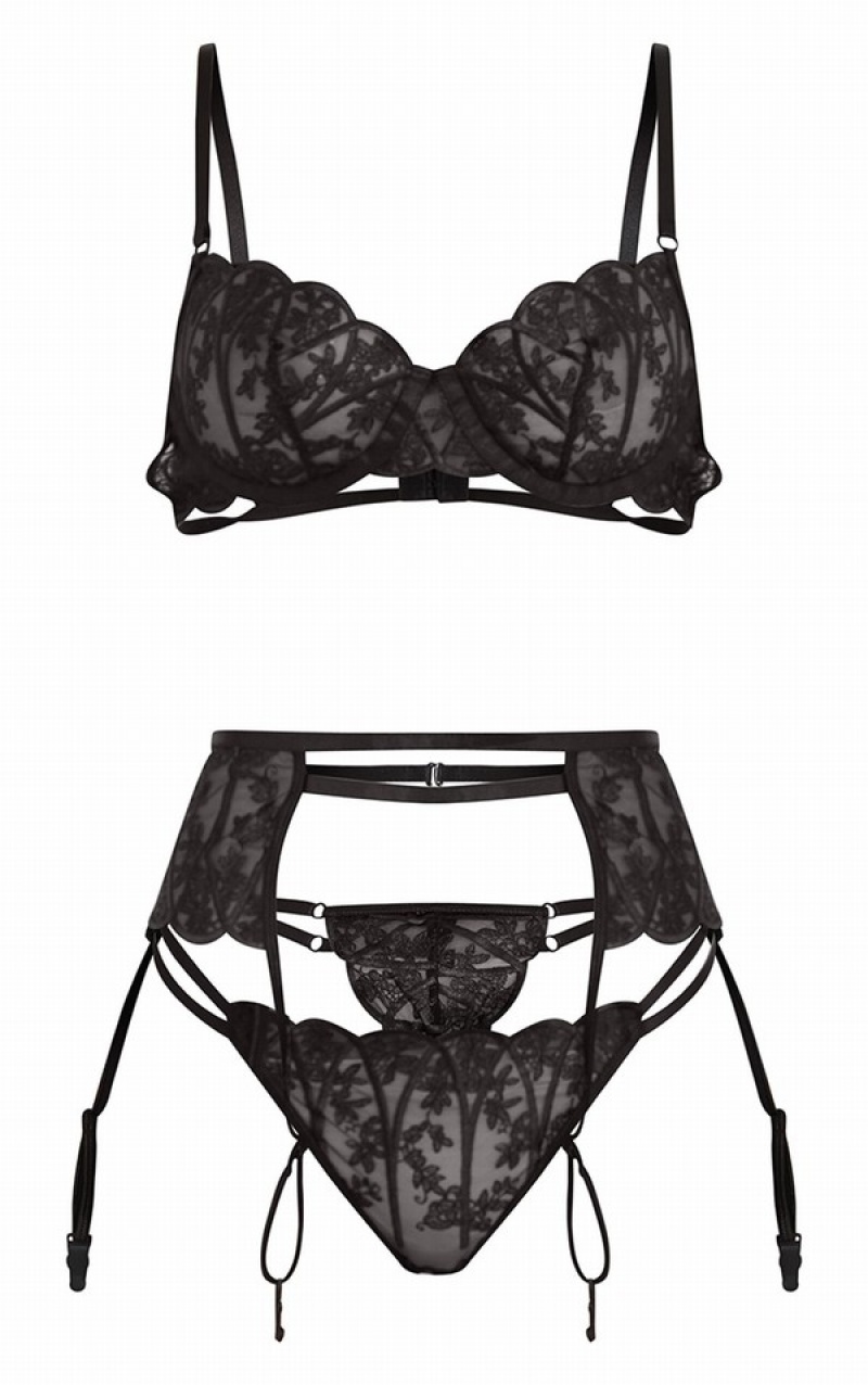 Lenjerie Pretty Little Thing EmbroideUnderwiMesh 3 Piece Negrii | GKYI15728