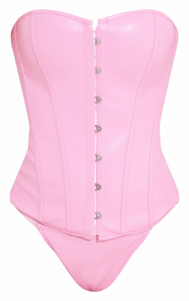 Lenjerie Pretty Little Thing Faux Piele Front Hook Eye Corset Roz | PZUD32761
