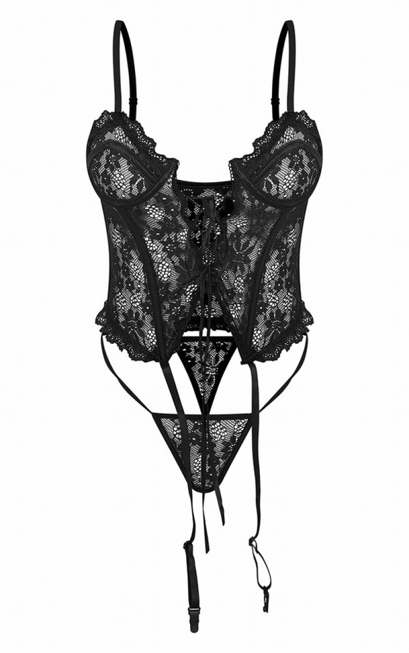Lenjerie Pretty Little Thing Floral Dantela Dantela Up Corset Negrii | VUSC78941