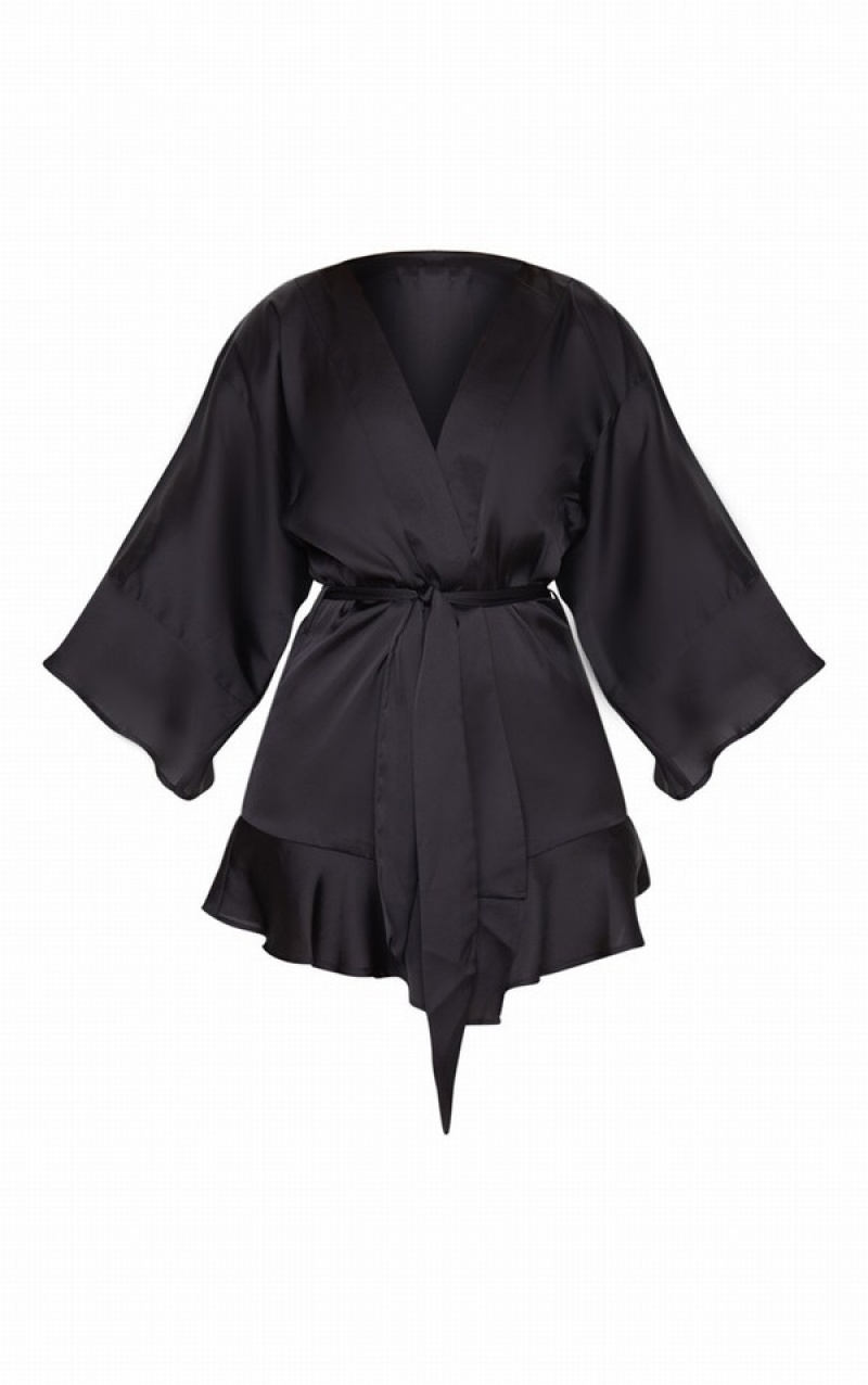Lenjerie Pretty Little Thing Frill Sleeve Satin Robe Negrii | YEMT43761