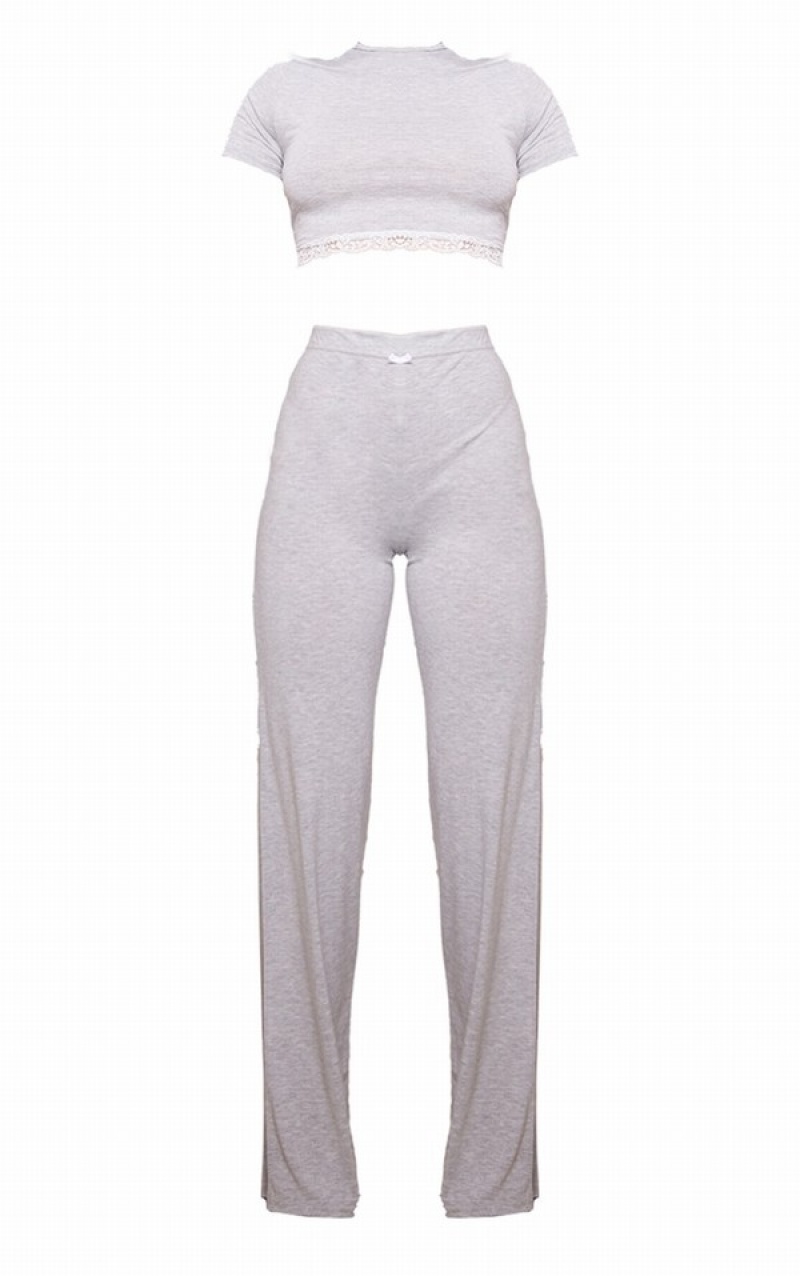 Lenjerie Pretty Little Thing Jersey Dantela Trim Long Pj Gri | GTAR81594