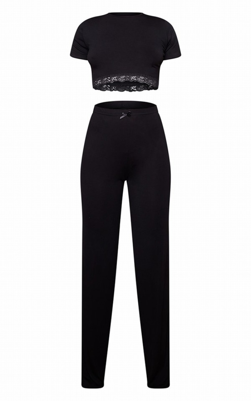 Lenjerie Pretty Little Thing Jersey Dantela Trim Long Pj Negrii | IAUO48309