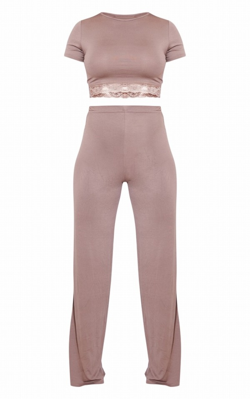 Lenjerie Pretty Little Thing Mocha Jersey Dantela Trim Long Pj Bej | ZANP94152