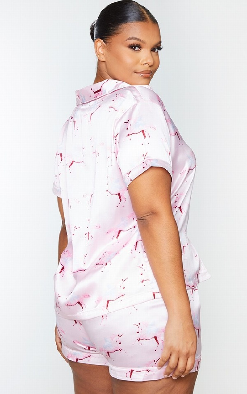 Lenjerie Pretty Little Thing Plus Unicorn Print Satin PJ Roz | ECWS93682