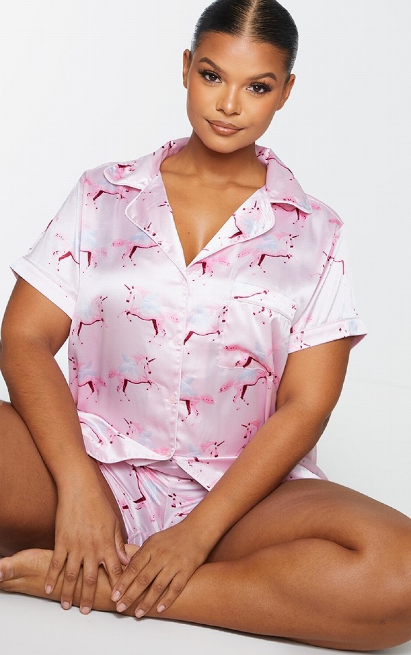 Lenjerie Pretty Little Thing Plus Unicorn Print Satin PJ Roz | ECWS93682
