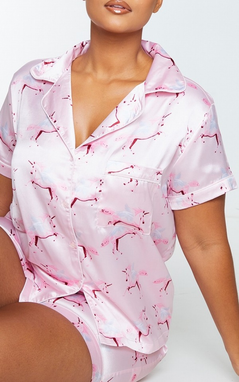 Lenjerie Pretty Little Thing Plus Unicorn Print Satin PJ Roz | ECWS93682