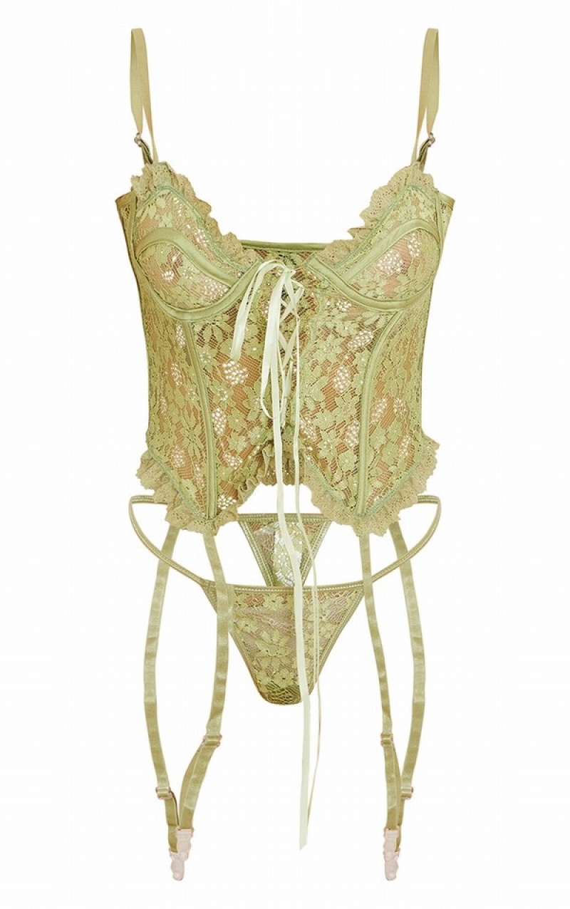 Lenjerie Pretty Little Thing Sage Floral Dantela Dantela Up Corset Masline Verzi Verzi | LWCG60243