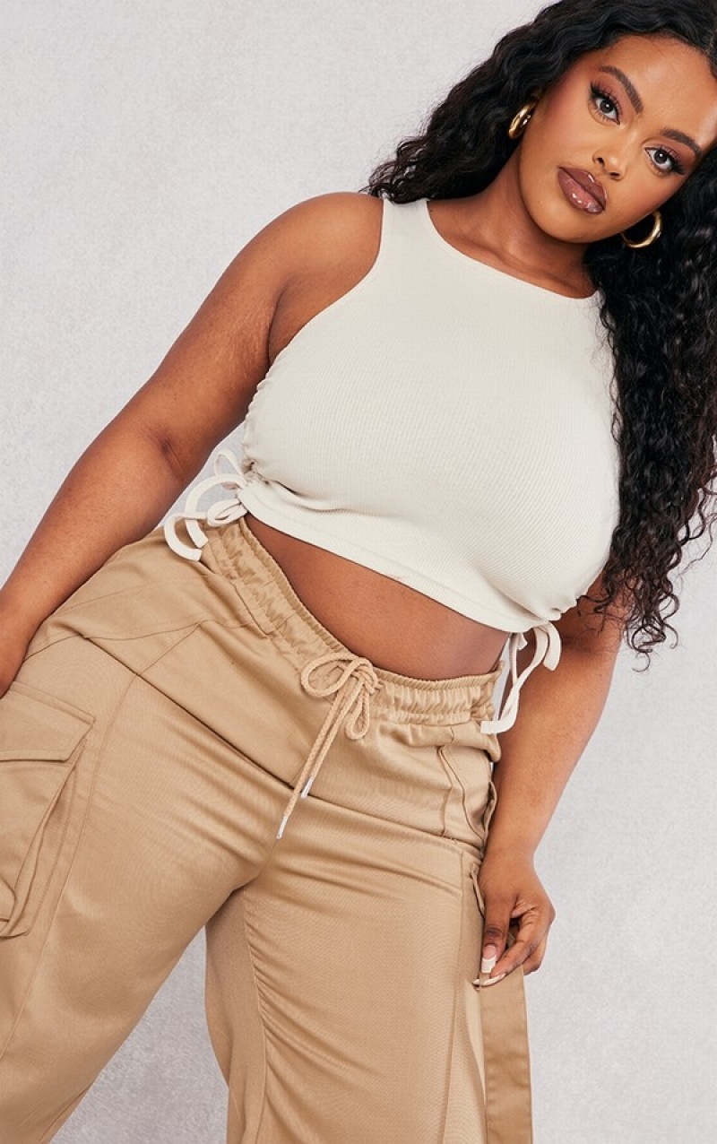 Maiouri Pretty Little Thing Plus Stone Rib Ruched Drawstring Side Crop Gri | QJPO04627