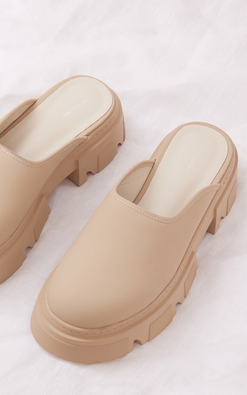 Mules Pretty Little Thing Nude Faux Piele Round Grosolan Sole Slip Ons Bej | GCPB80645