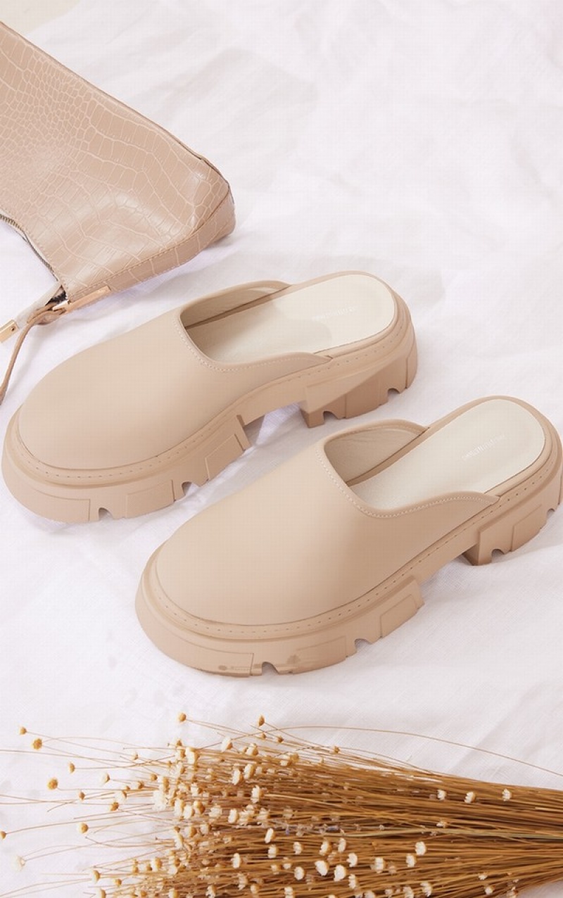 Mules Pretty Little Thing Nude Faux Piele Round Grosolan Sole Slip Ons Bej | GCPB80645