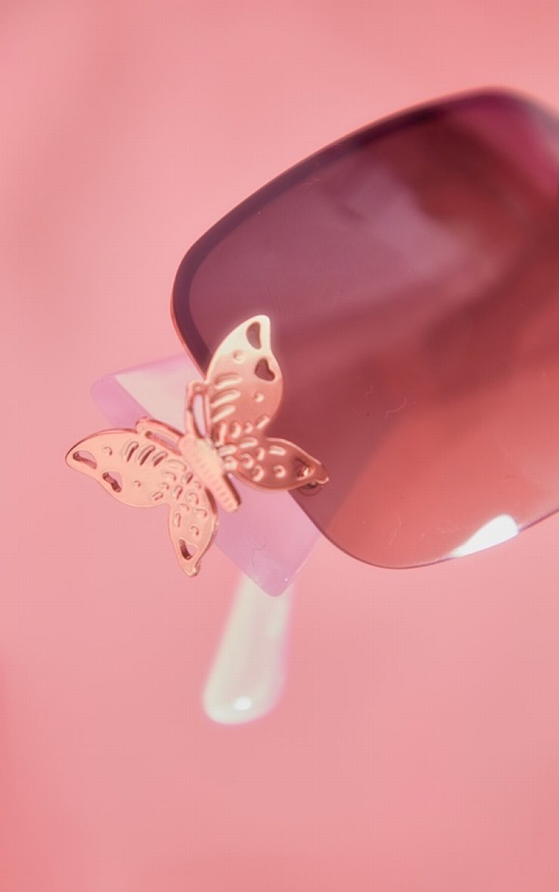 Ochelari de Soare Pretty Little Thing Butterfly Detail Frameless Square Albi | OTIN75194