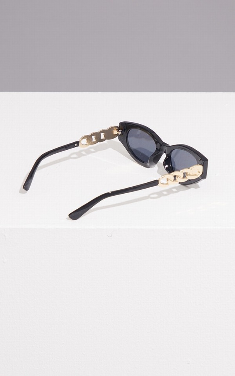 Ochelari de Soare Pretty Little Thing Chain Detail Round Cat Eye Negrii | GXKE70614