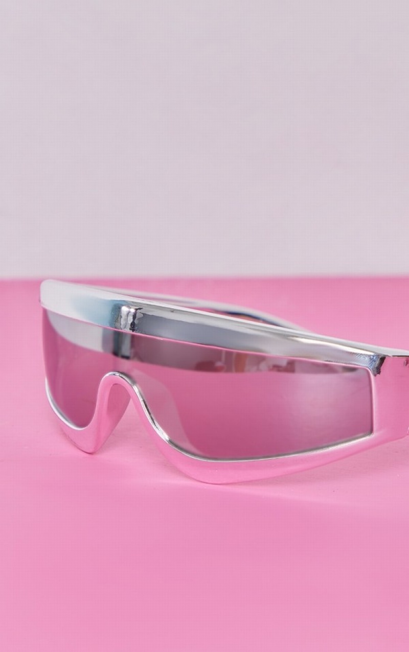Ochelari de Soare Pretty Little Thing Curved Metallic Frame Visor Argintii | CEXH30591