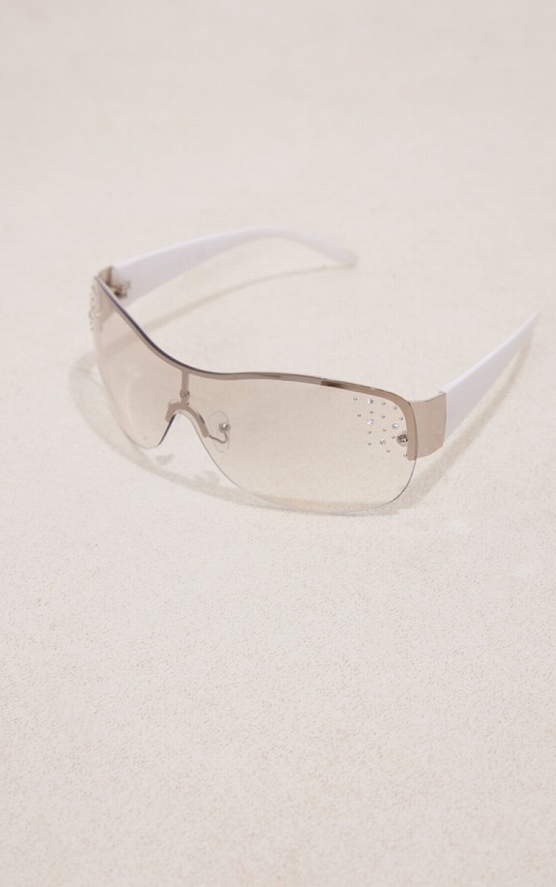 Ochelari de Soare Pretty Little Thing Diamante Detail Curved Visor Albi | VNXF15938