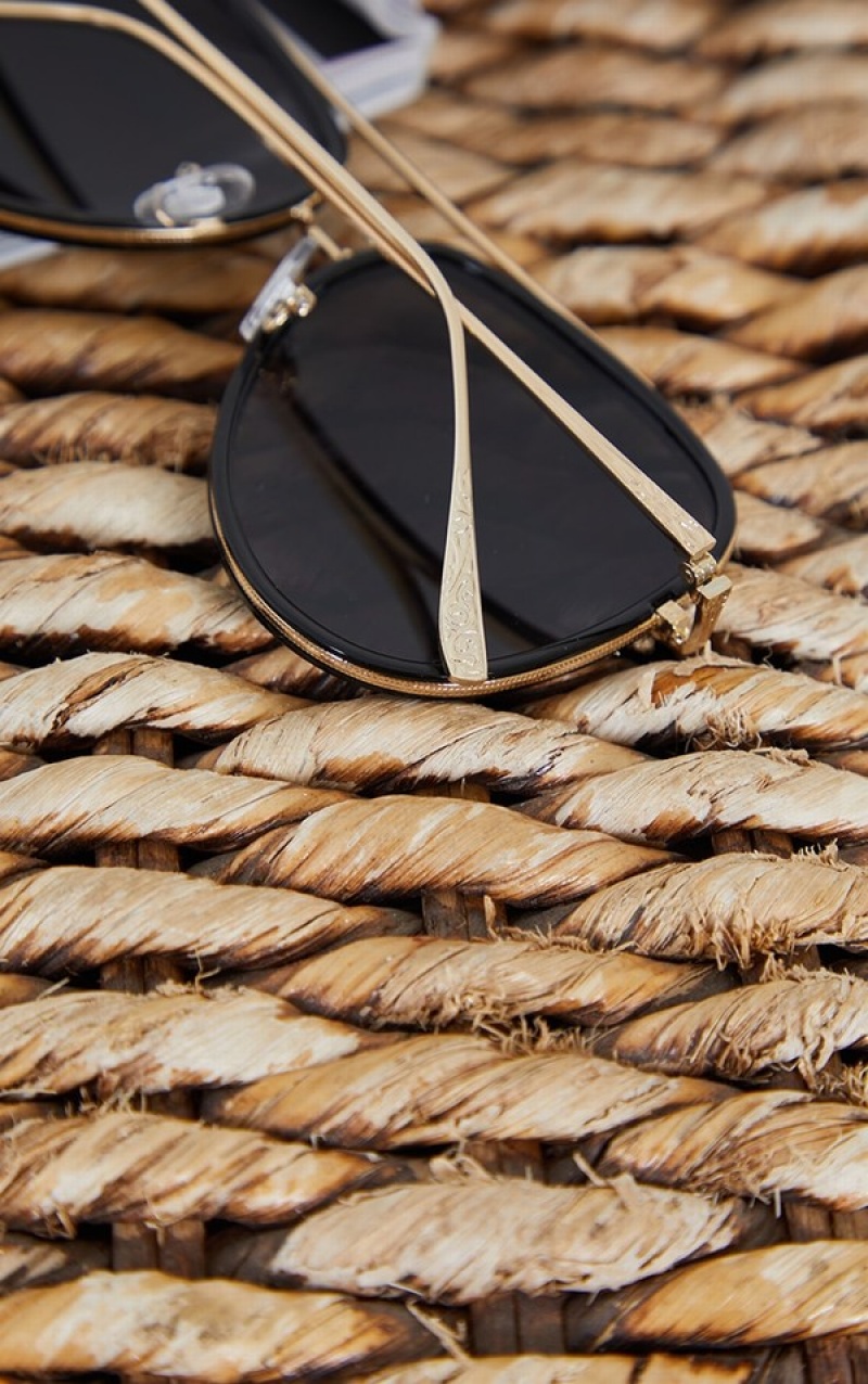 Ochelari de Soare Pretty Little Thing Oversized Detail Aviator Negrii | KNSM93476