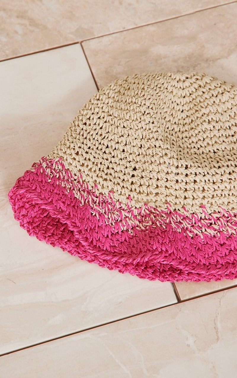 Palarie Pretty Little Thing Bright Trim Raffia Bucket Roz Deschis | STBW89402