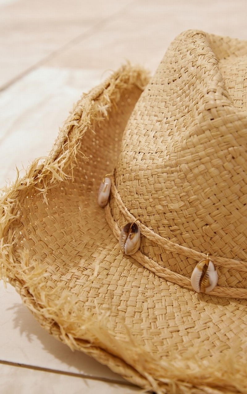 Palarie Pretty Little Thing Natural Frayed Edge Shell Cowboy Bej | SXAW41253